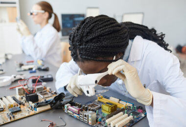 Portrait of a female engineer inspecting computer parts in a quality control lab.